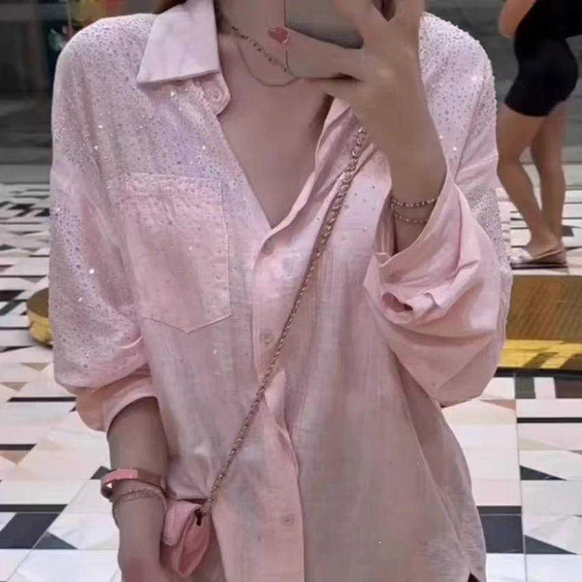 

Новинка весны и лета 2025, свободные повседневные хлопковые льняные рубашки с блестками и бриллиантами для женщин, топ с длинными рукавами, популярная корейская одежда