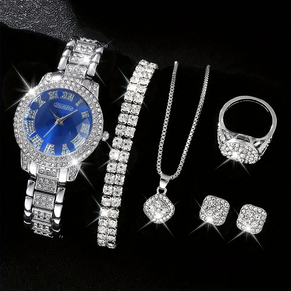 

6 Pcs, Luxury Women's Watch Jewelry Set, Fashion Silvery Women's Quartz Watch - The Best Holiday Gift for Yourself