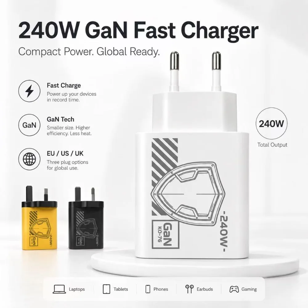 Mechanical Pattern 240W GAN Multi Port Travel Fast Charger Black White Yellow EU US Plug Charging Kit with USB C Power Cable