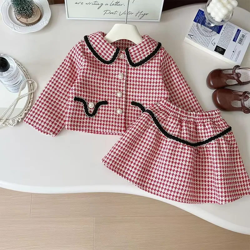 Girls Sweet Outfit Set Spring Autumn 2026 New Children Turn-down Collar Jacket Short Skirt Two-piece Set
