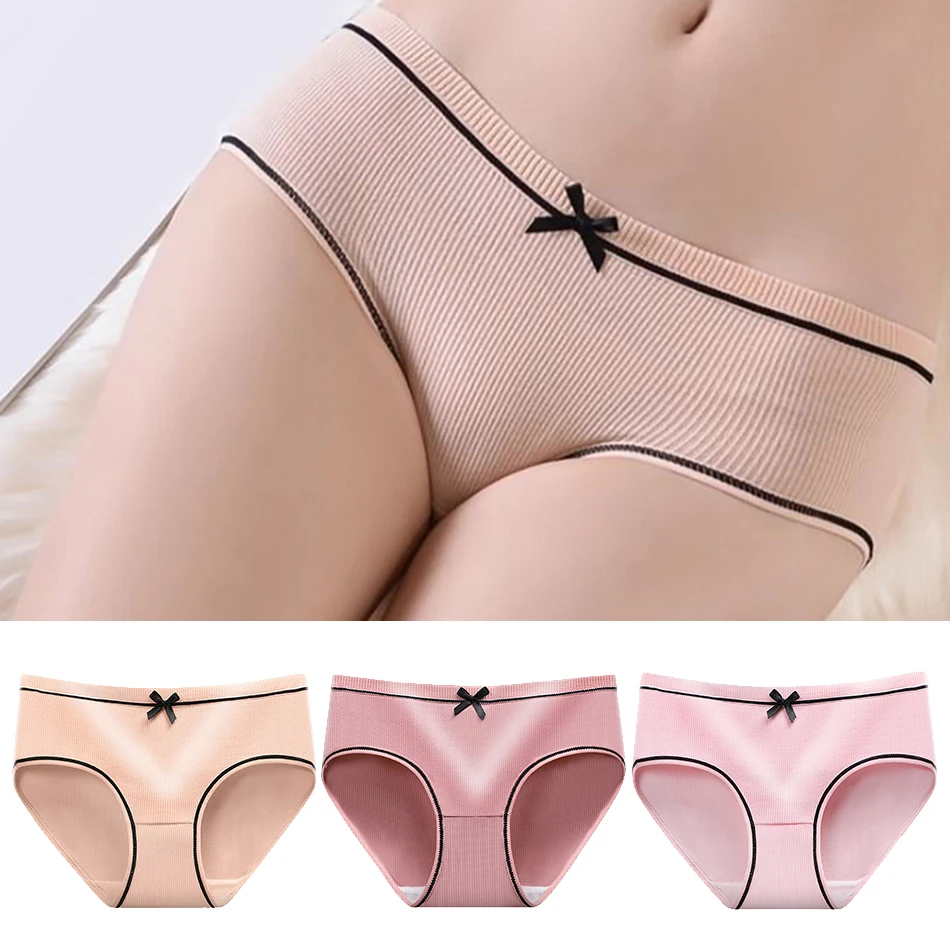 3 Pcs/Pack Fashion Women Ribbed Underwear Panties with Mid-Waist Cut Cute Intimates Female Briefs Underpants Maternity Clothings