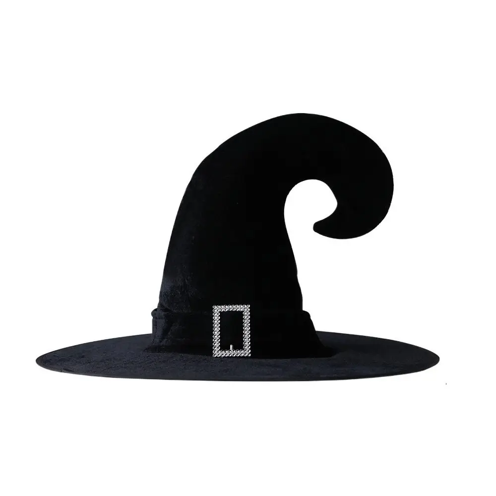 Simple Velvet Halloween Witch Wizard Hat Gilding Bending Angle Halloween Hat Satin Ribbon Costume Props Devil Cap