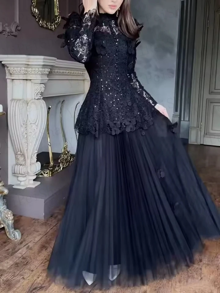 تخصيص ألف خط فساتين لحضور الحفلات الموسيقية الكاحل طول عالية الرقبة كم كامل ثوب مسائي أزياء من الدانتل زر مطرزة ثنيات حزب ثوب