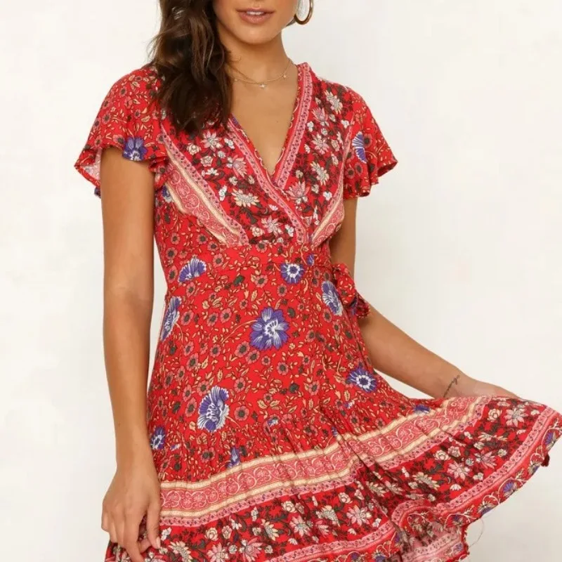 Women\'s S-XL size New Summer V-neck Sexy Bohemian Printed Dress Short Skirt Lace up Women\'s Wear Women\'s dress Bohemian wind