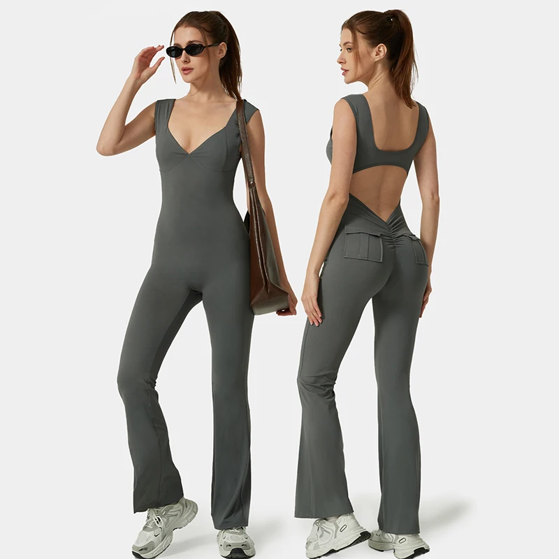 Modischer V-Ausschnitt Yoga-Jumpsuit für Damen, Frühjahrskollektion mit Tasche, Rückenfreier Formgebender Bodysuit, Einteiliger Gym-Overall mit Schlaghose, Sportbekleidung