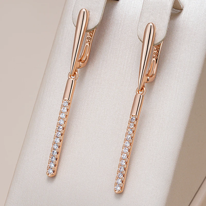 Kinel Fashion Glossy Long Dangle Earrings For Women 585 Rose Gold Color Simple Natural Zircon High Quality Daily Fine Jewelry