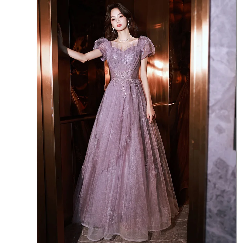 Purple Sexy Sequins Applique Puff Sleeve Back Bandage A-Line Evening Dress Bride Bridesmaid Wedding Tulle Prom Gowns Vestidos