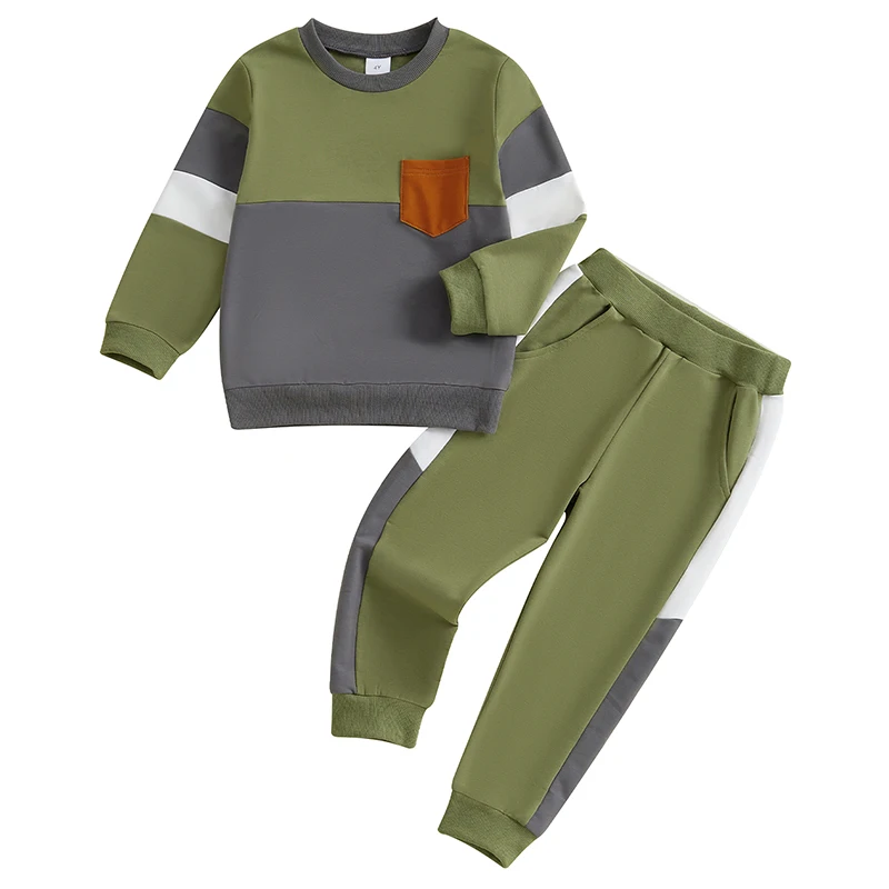 Little Boy Contrast Color Outfit Long Sleeve Crewneck Pullover Sweatshirt Long Pants with Pockets 2 Pcs Set