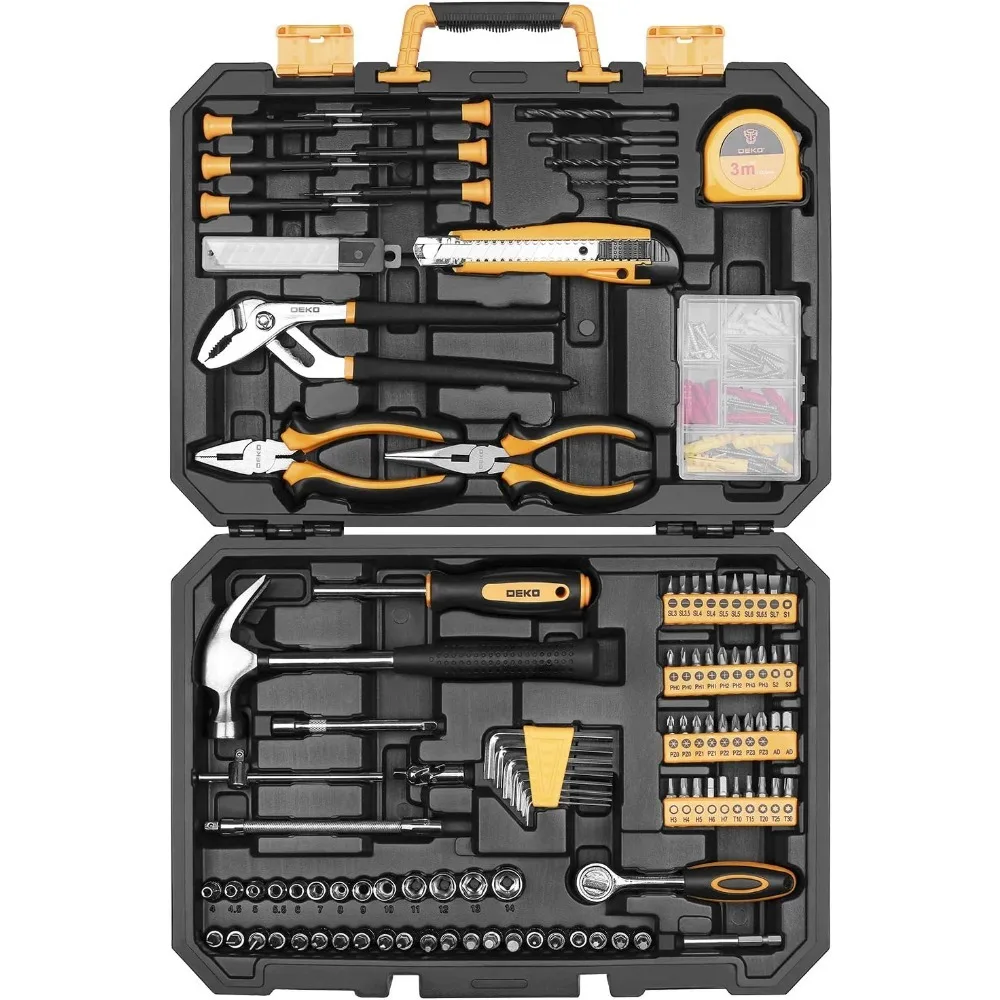 196 Piece Toolbox, General Household Hand Tool Kit with Rip Claw Hammer, Lineman's Plier, Measure Tape Rul, Toolbox