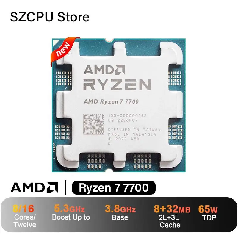 Top AMD Ryzen 7 7700 CPU , R7 7700, 3.8GHz,8-Core,16-Thread, 5NM, L3=32M,100-000000592 Socket AM5, New but without Cooler