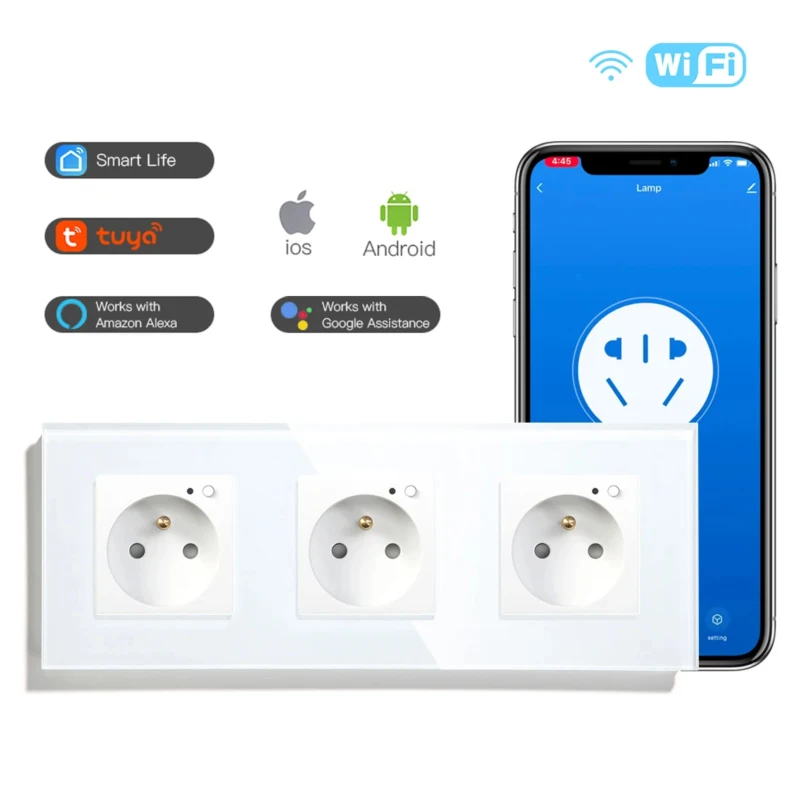 

MVAVA France Standard Crystal Glass Panel Smart Home Automation Tuya Alexa Wifi Zigbee Control Smart Wall Outlets Triple Socket