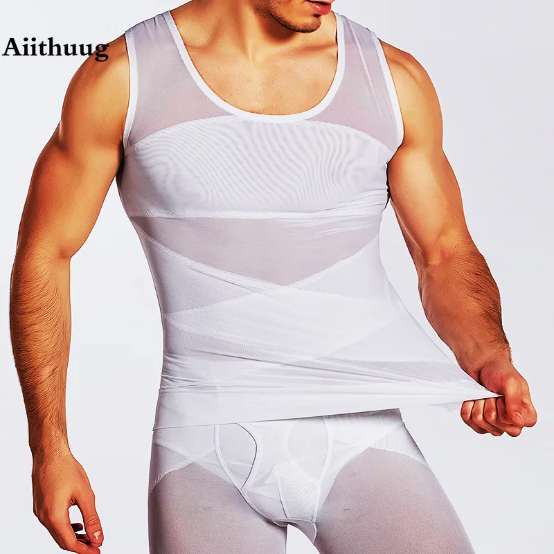 Aiithuug การบีบอัด Tank Top เสื้อกระชับรูปชาย Tanks Mens Shapewear Tops Belly Boobs ซ่อนกระชับสัดส่วนชาย Shapers Breathable