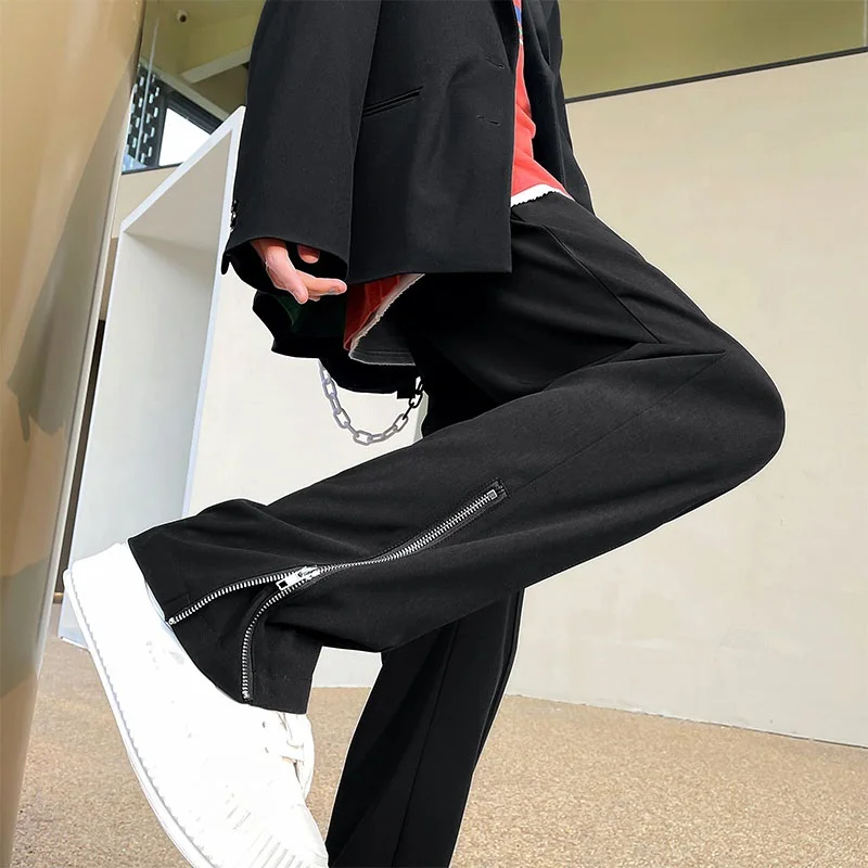 

Cool Sle Men's Zipper Cuffed Straight Leg Pants Faionable Slim Fit Westwear Casual Long Trousers Autumn Season Youth