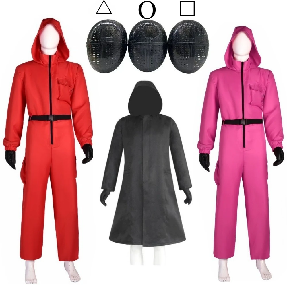 

Adult Kids Calamari Game Costume Guard Cosplay Jumpsuit Outfit Teenagers Tracksuit Hooded Overall Belt Gloves Mask Set Halloween