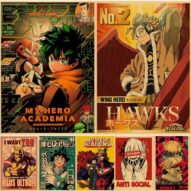 Affiche de dessin animé Vintage My Hero Academia, Art mural rétro Kraft pour décoration de maison, peinture de dessin animé, autocollant mural de Style japonais parfait