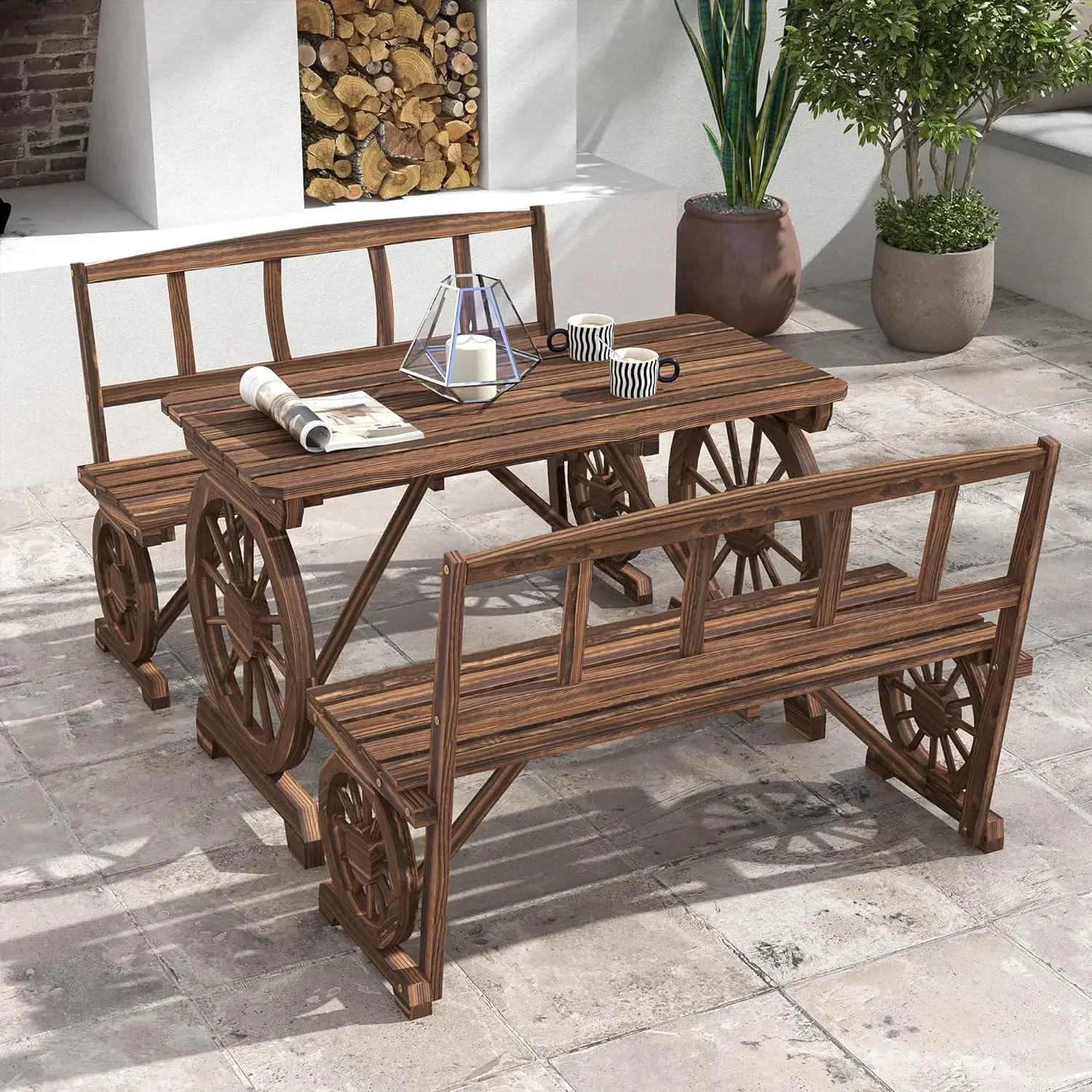 

Outdoor Table and Chairs for 4 People,Wooden Patio Table and Dining Bench Set, All Weather Furniture Set with Wagon Wheel Design