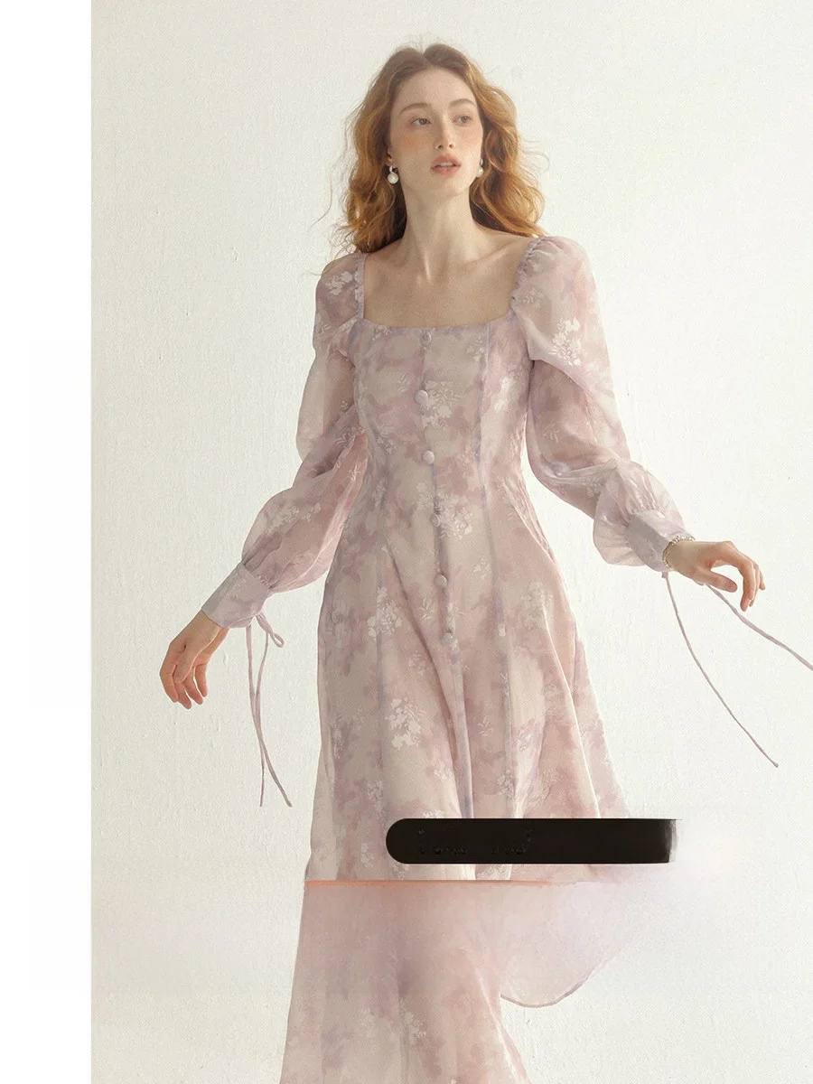 

Весеннее женское платье с цветочным принтом, длинным рукавом, завышенной талией, А-силуэта, во французском стиле, с рукавами-фонариками, юбка-миди для чаепития, длинное платье