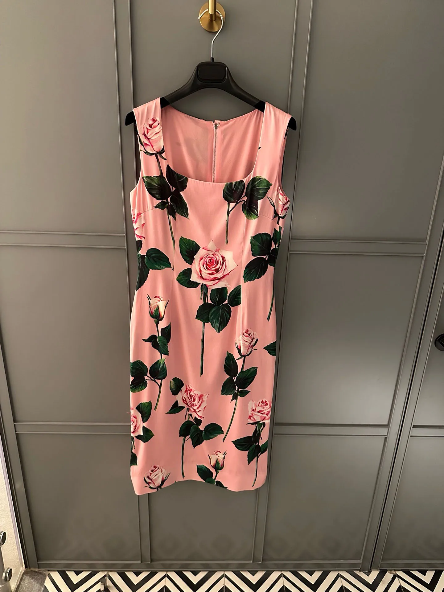 

25 Summer Product French Retro Pink Rose Printed Sleeveless Dress with Silk Stretch Satin Fabric, Slim Tank Top Dress for Women