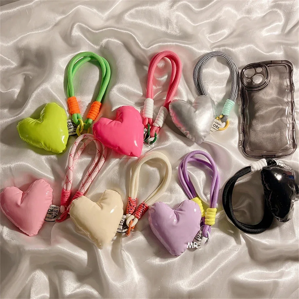 Korean Glossy Puff Love Heart Lanyard Key Chain Rings Phone Strap Mesh Landyard Bag Braided Strips Keycord Hanging Trousers