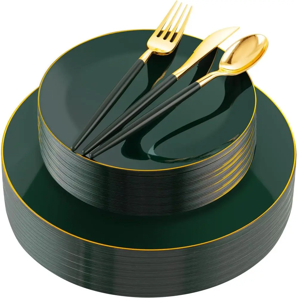 

Set of 150 Green Plates & Gold Cutlery with Green Handles - Heavy-Duty Disposable for 30 Guests - Ideal for Weddings & Christmas