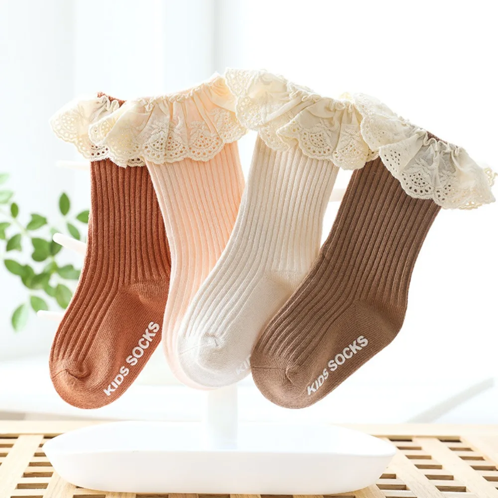 Non Slip Dots Baby Socks Lace Trim Mid Calf Length Toddler Floor Socks Anti Skid Bottom Soft Fabric Girls Socks