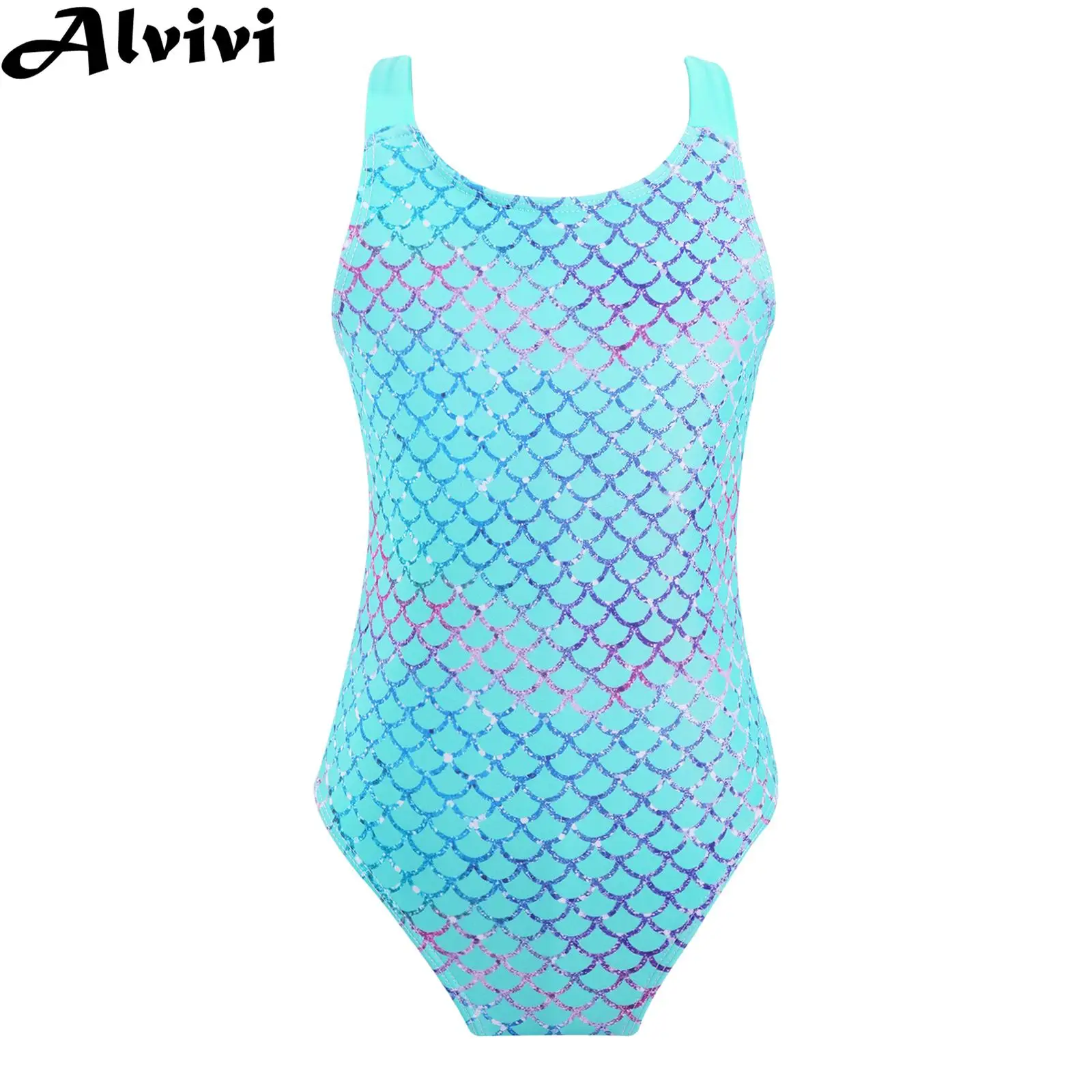 Little Girls Mermaid Fish Scales Swimsuit Sleeveless Cute Cartoon Print One-piece Swimwear Summer Beachwear Bathing Suit