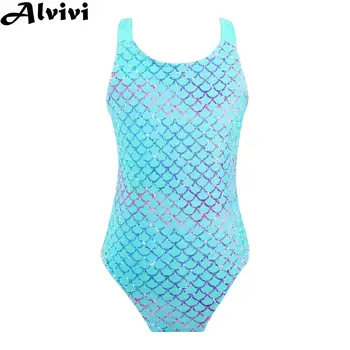 Little Girls Mermaid Fish Scales Swimsuit Sleeveless Cute Cartoon Print One-piece Swimwear Summer Beachwear Bathing Suit 