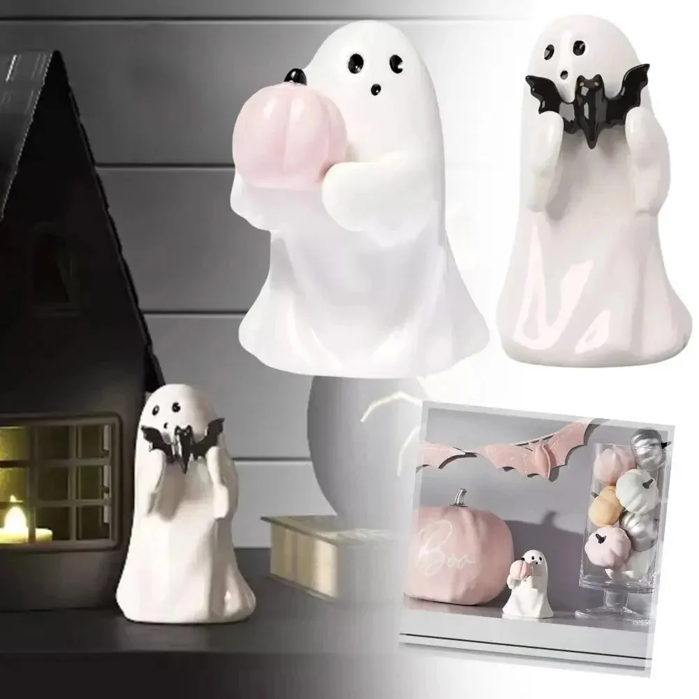 Bootiful Resin Ghost Halloween Decorative Figurine Target Spooky Small Ornament Holding Pumpkin and Bat Halloween Decoration