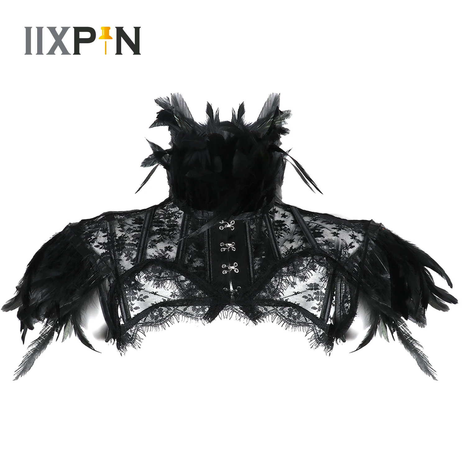 Women Retro Punk Gothic Feather Collar Shoulder Lace Cape Bolero Jacket Shrug Tops Halloween Party Goth Rave Costume Accessories