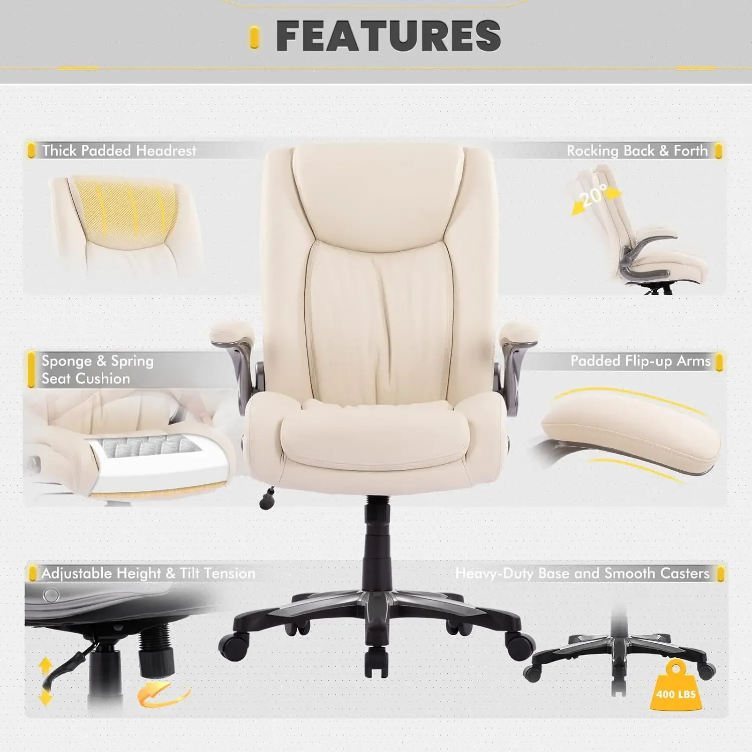 COLAMY Big and Tall Office Chair 400lbs, Large Heavy Duty High Back Executive Computer Office Desk Chair Flip-up Arms Wide Thick