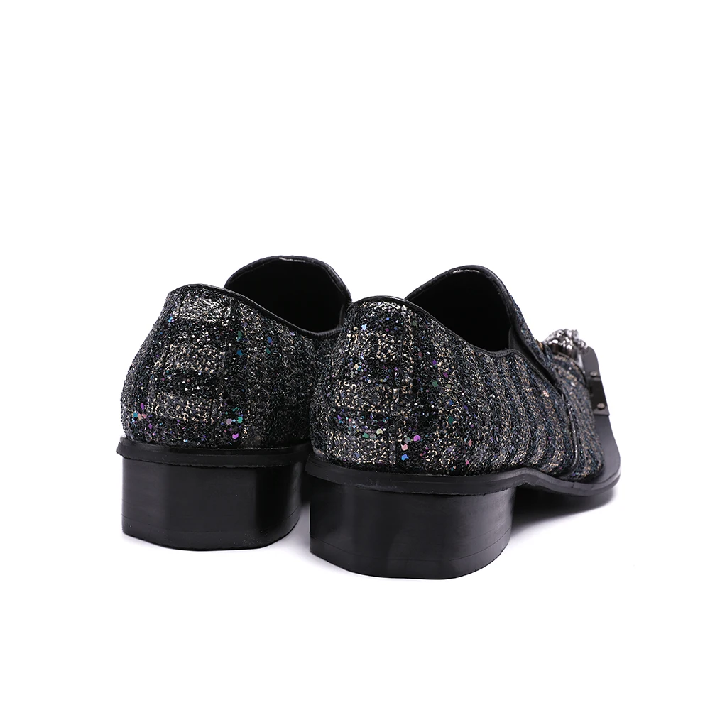 Christia Bella Shiny Sequins Stripe Men Party Oxford Shoes Metal Pointed Toe Men Wedding Dress Shoes Genuine Leather Men Shoes
