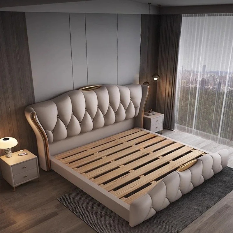 

Nordic Home 180X200cm Wood Shelve Luxury Bedroom Furniture Modern Leather Double Bed Headboard Frame Cama De Casal King Bed