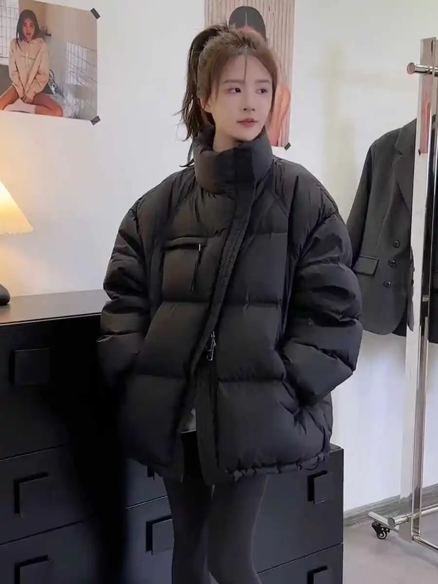 

Thickened Warm White Duck down Jacket Zipper Collar Short Casual Bread Style Winter 2026 New Arrival Korean Straight Tube