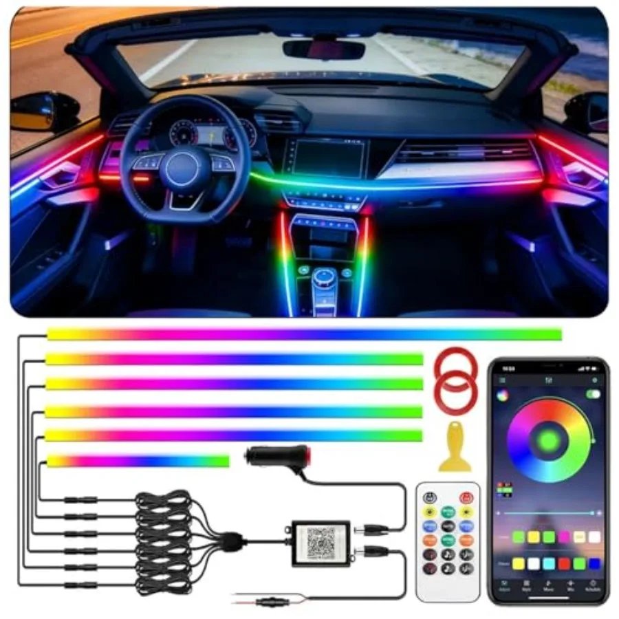 

Dreamcolor Acrylic Interior Car LED Strip Light with APP Remote Control RGB 6 in 1 with 175 inches 593 LEDs Fiber Optic Strip L