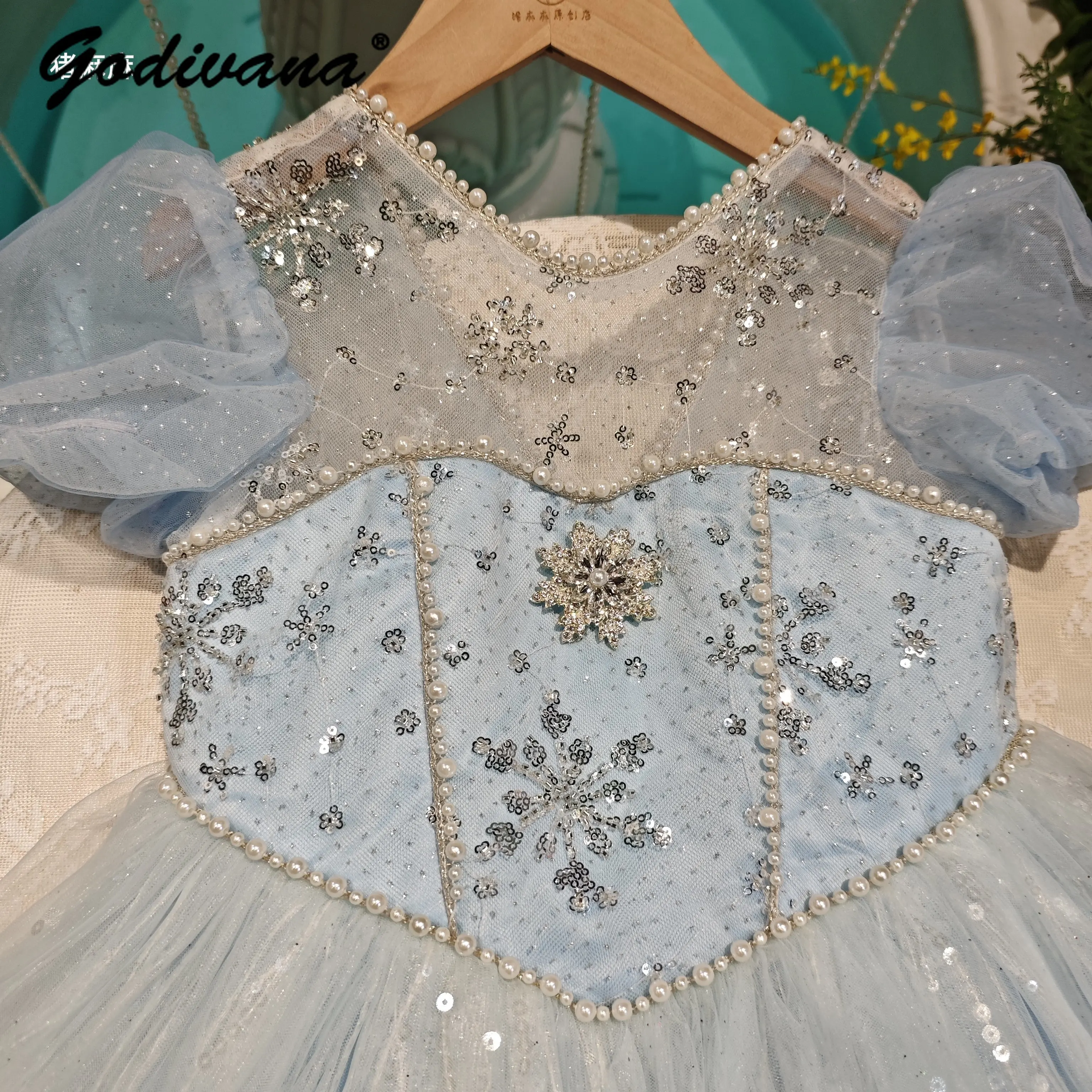 Sweet Baby Girls Heavy Elegant Blue Princess Dress Kids 2026 New Summer Sequin Pearls Rhinestone Tulle Birthday Party Ball Gown