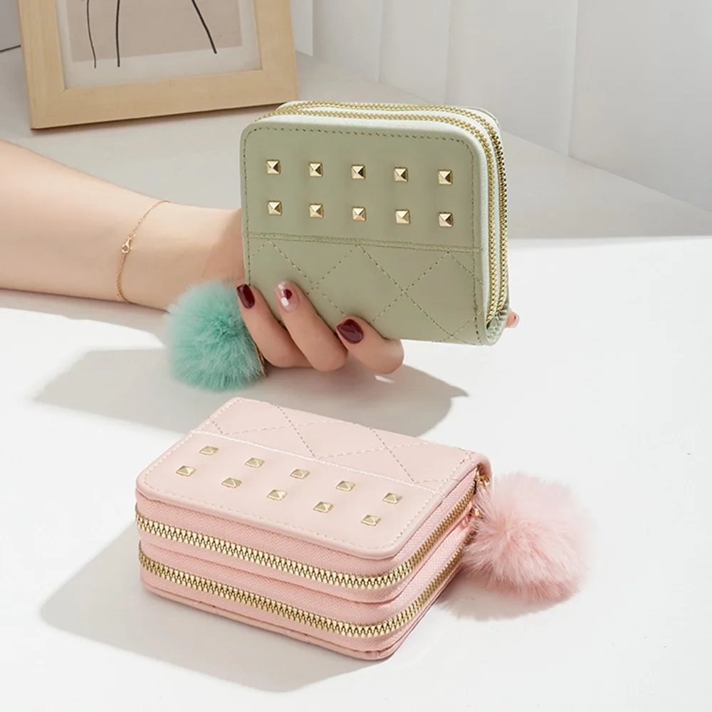 

Fashion Rivets Women Long Purse Soft Plush Ball PU Leather Woman Clutch Wallet Double Zipper Storage Square Card Bag Lady
