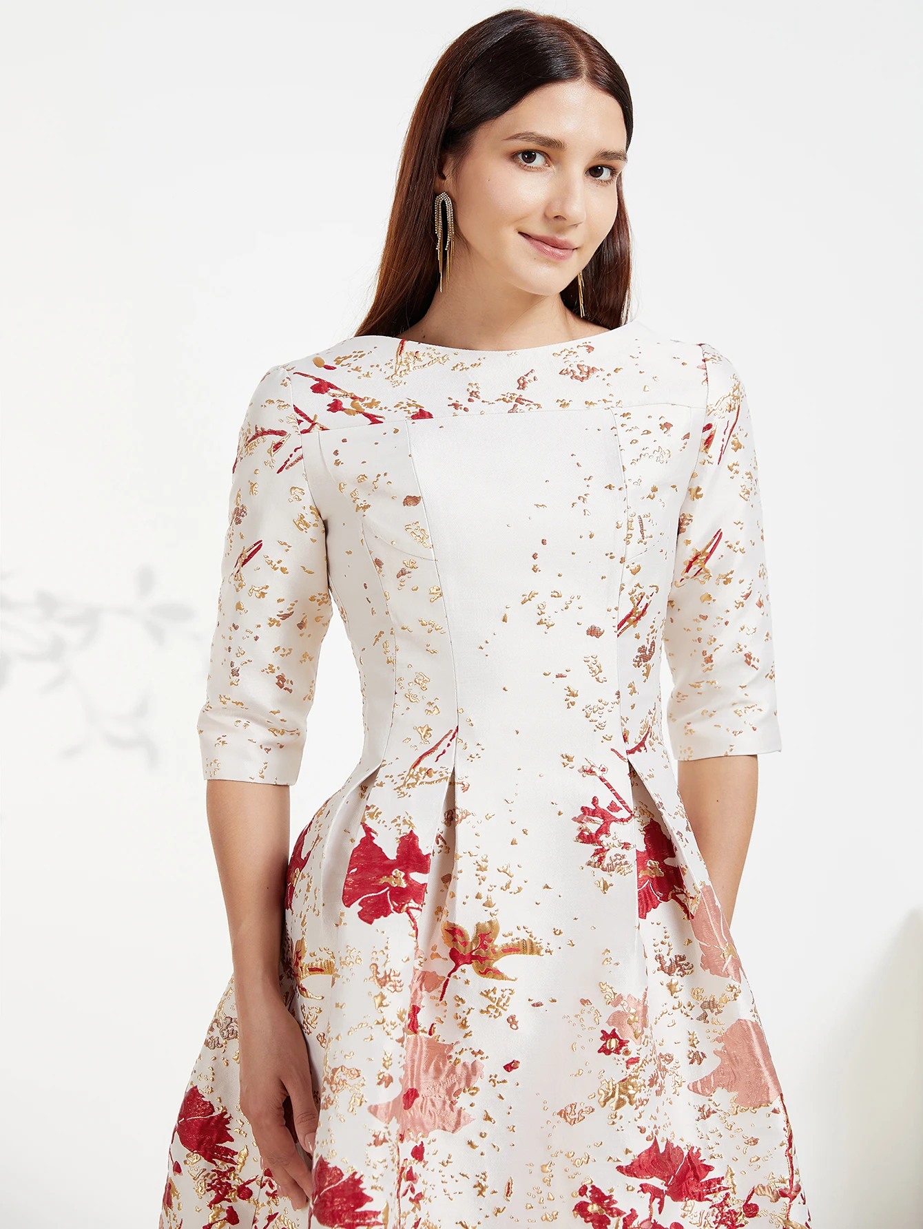 DEVCHATA-Robe Jacquard de Luxe Mi-Longue pour Femme, Tenue de Soirée Florale, Col Rond, Formelle, Éducative, à la Mode, Nouvelle Collection Printemps