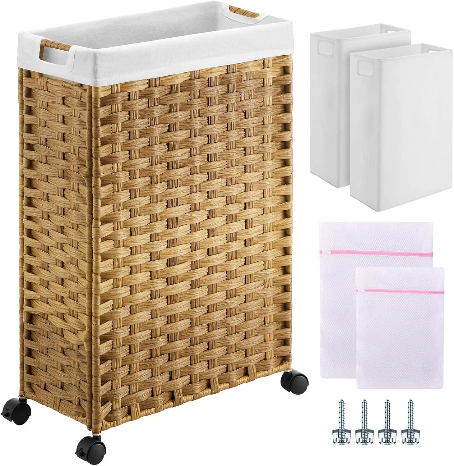 

Portable Laundry Hamper with Wheels, 45L Slim Rattan Basket with Removable Liner & Mesh Bags for Bathroom Bedroom
