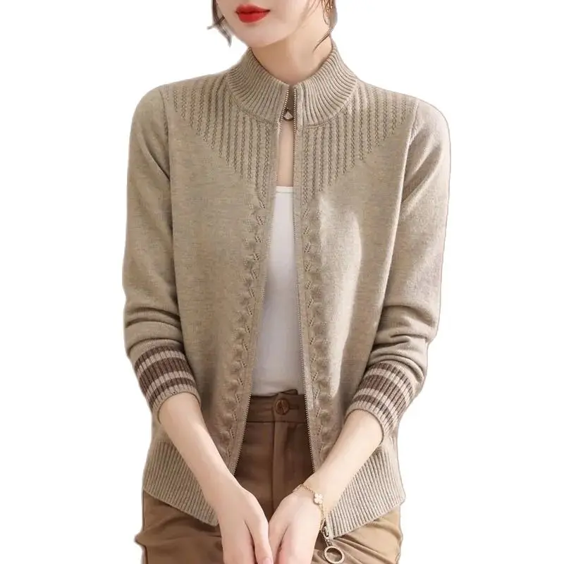 Chaqueta cárdigan de punto con cremallera y cuello levantado para mujer, cárdigans de manga larga de Color sólido, suéter grueso, abrigo 3XL