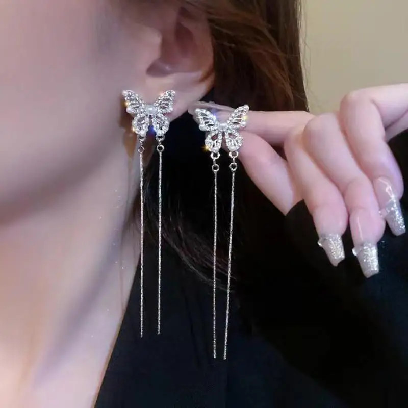 

925 Silver Needle Korean Fashion Crystal Pearl Butterfly Earrings For Women Jewelry 2026 Trending Luxury Women's Tassel Earrings