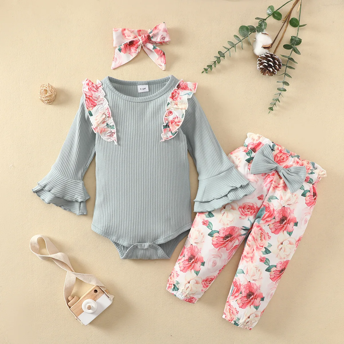 

2022 Baby long sleeve double-layer trumpet sleeve briefs clothes bow flower trousers three piece infant climbing suit