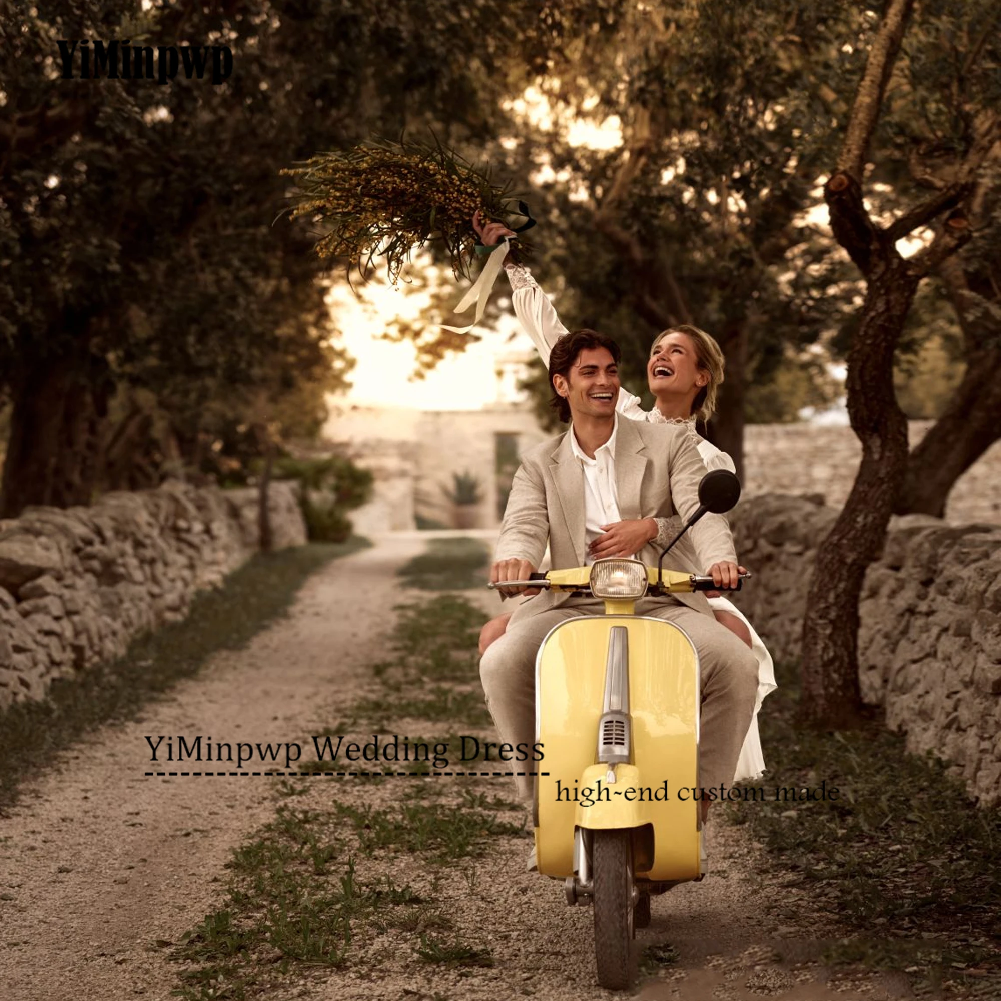 Customized Chiffon Boho A-Line Wedding Dress 2025 Bride Puff Sleeve Pleat Lace Bride Gowns Beach vestidos de novia Side Split