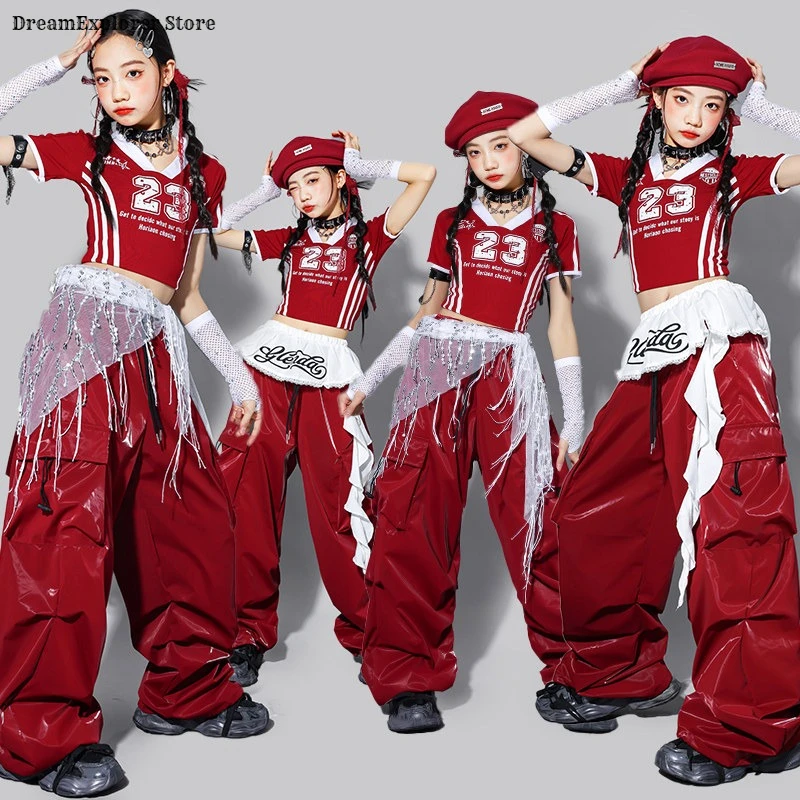 Girls K-pop Crop Top Street Dance Shiny Leather Cargo Pants Children Hip Hop Girl Group Clothes Set Kids Streetwear Jazz Costume