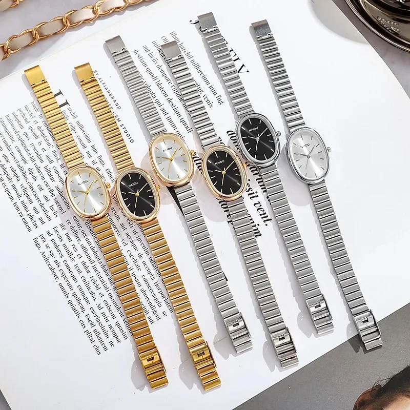 Fashion Luxury Women Quartz Watch Stainless Steel Oval Small Dial Bamboo Strap Girl Student Wristwatch Dropshipping Relogio