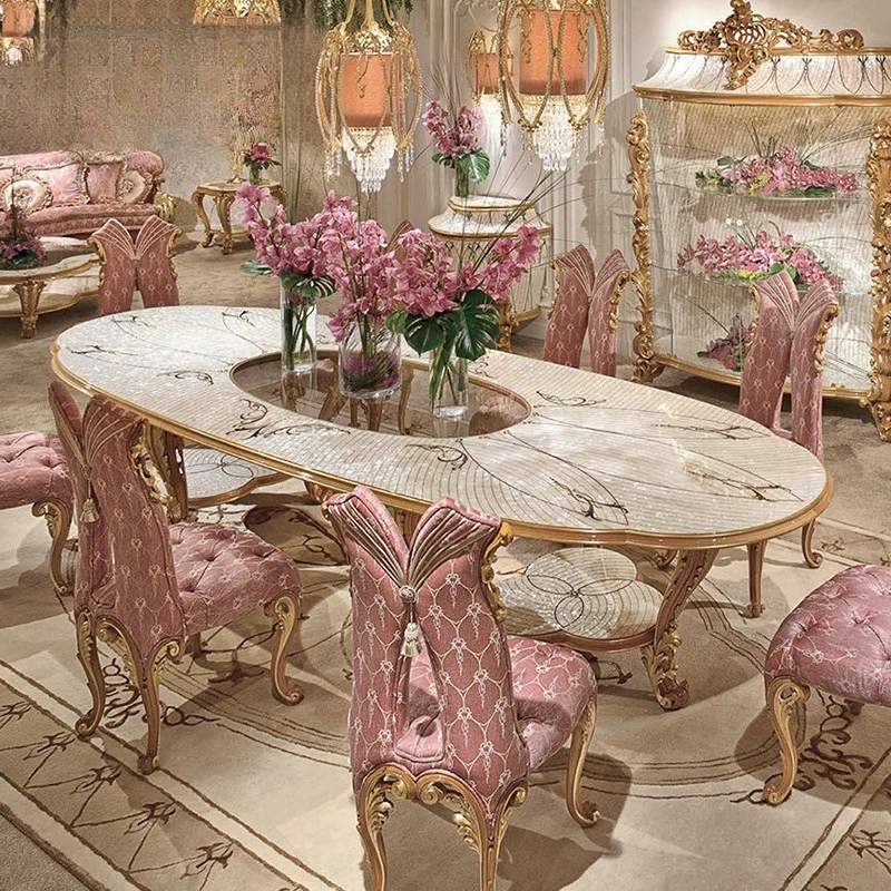 European dining table and chairs solid wood carving flower oval dining table shell parquet large apartment dining villa hall