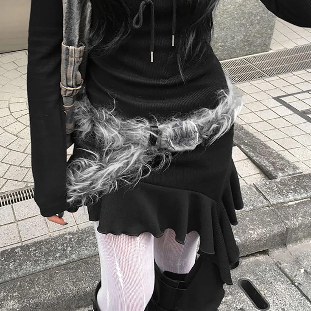 قابل للتعديل خمر رمادي Longhair حزام Y2K الجينز ديكور فو الفراء حزام جلد شيك الهيب هوب فروي حزام الشارع الشهير #4