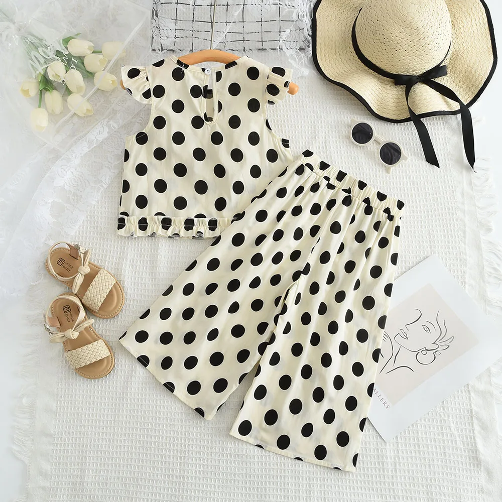 Girls Clothes Black Polka Dot Two-piece Sleeveless Round Neck Top+casual Wide Leg Pants 2 Sets Summer Cotton Basic Clothing