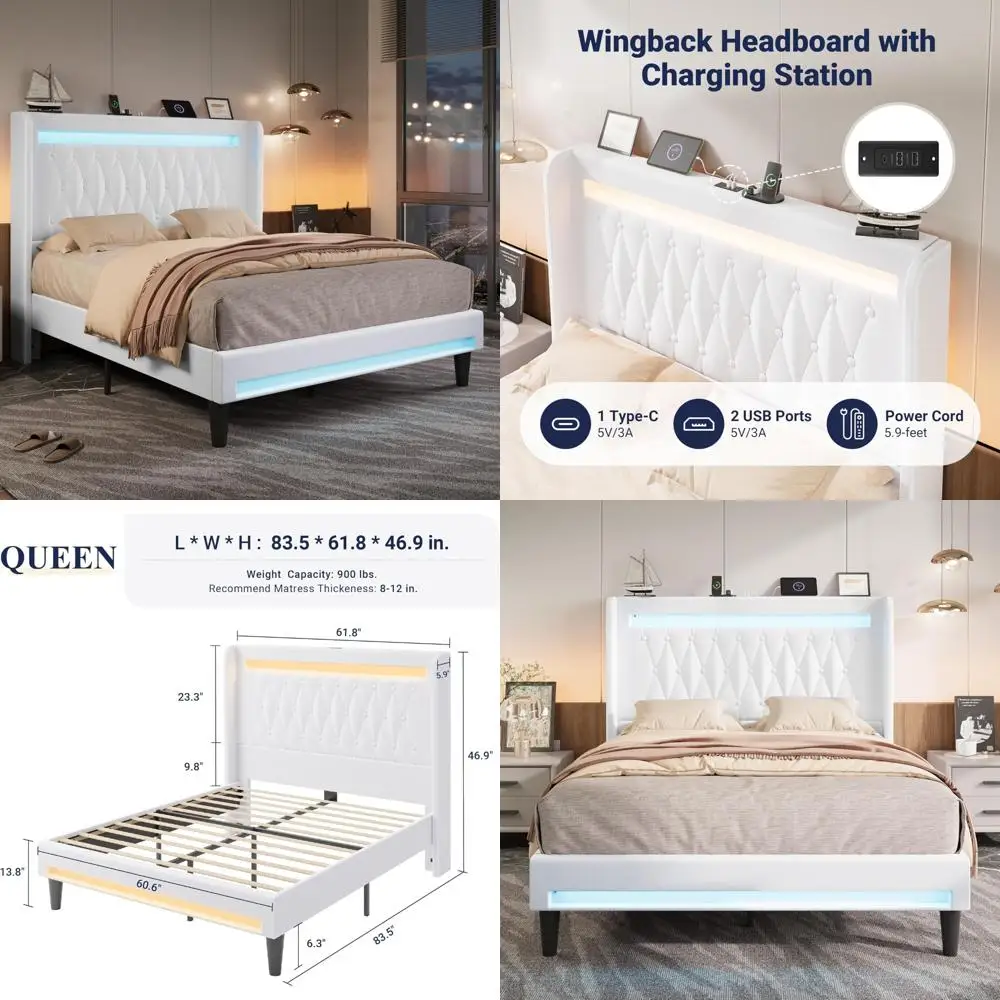 Queen Size Upholstered Platform Bed with LED Lighting and Charging Station, Button Tufted High Headboard, Wingback Design