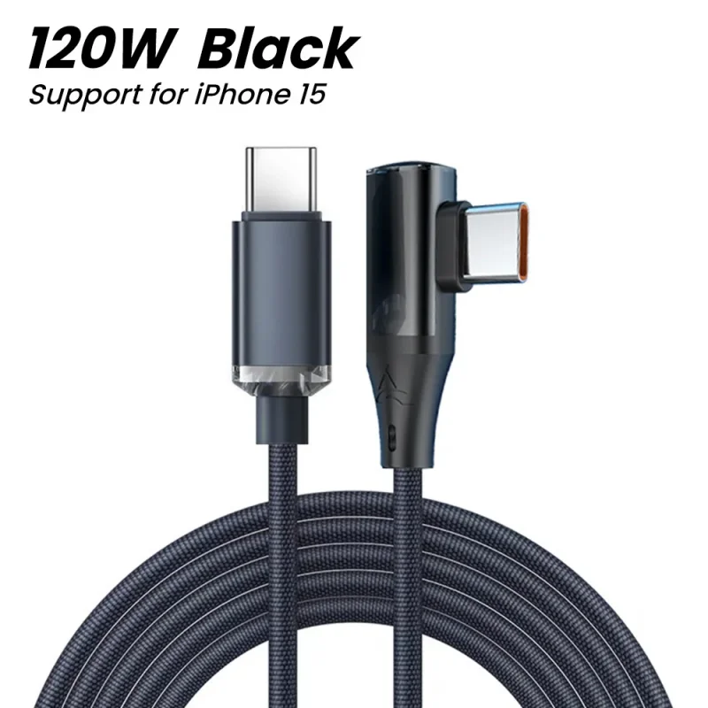 Cable USB tipo C a tipo C, Cable de datos de 90 grados para Xiaomi, Samsung, Huawei, Macbook, iPad, Cargador rápido de 120W