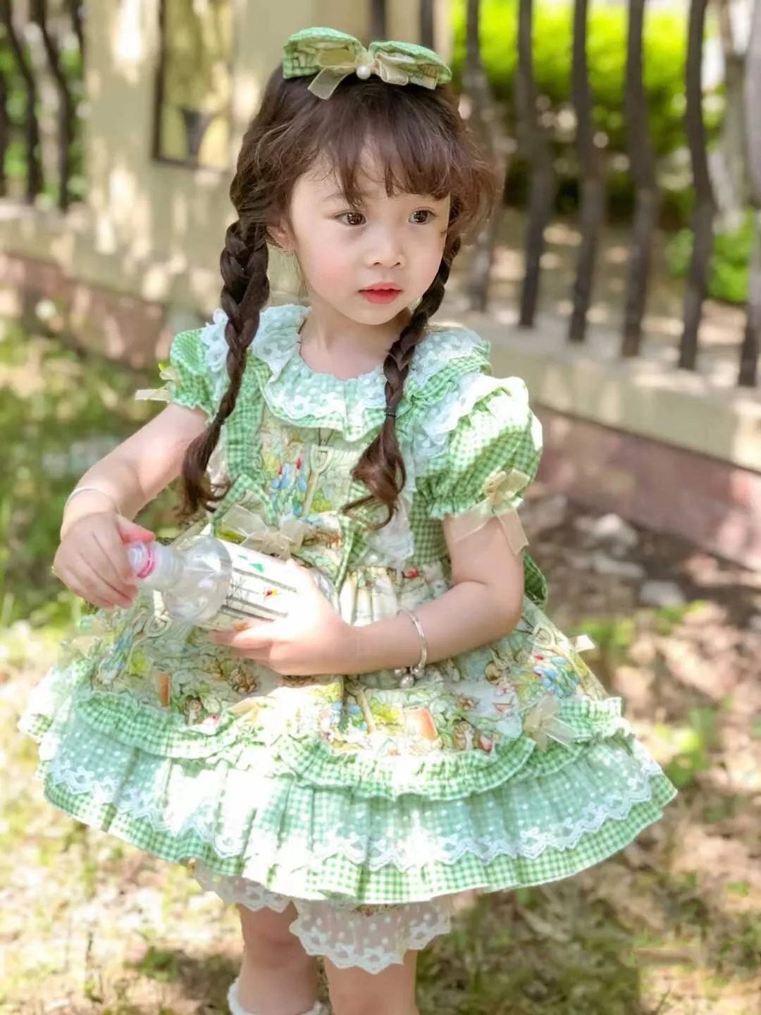 3PCS 0-12Y Baby Girl Summer Spring Rabbit Spanish Vintage Lolita Princess Dress with Pants Hairbow for Easter Birthday Holiday